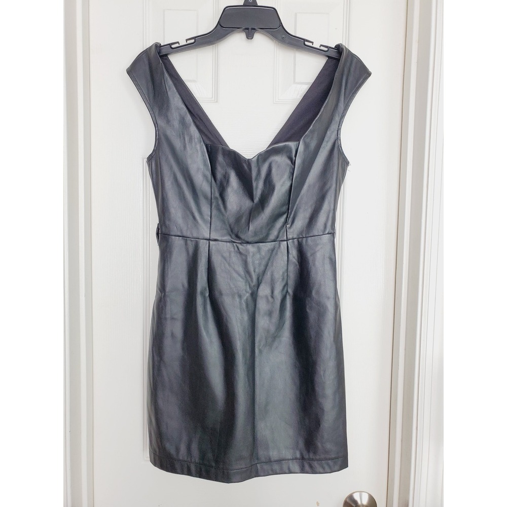 L'atiste Faux Leather Mini Dress Black V-Neck Bodycon Party Night Out S‎